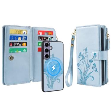 Imagem de Lacass Capa carteira para Samsung Galaxy S24 FE S24FE, compatível com MagSafe 2 em 1 de couro sintético destacável magnético com bloqueio de RFID, suporte para cartão, cordão de pulso, floral, azul