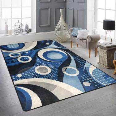 Imagem de 9CH Tapete moderno com círculos ondulados, 2,8 m x 1,5 m, azul marinho, abstrato, geométrico, lavável, antiderrapante, macio, moderno, para escritório, sala de jantar, decoração de casa