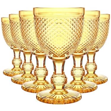 Imagem de Bokon Pacote com 6 taças de vinho tinto taças de vidro transparente de 283 g Cálice vintage em relevo com design de diamante cálice com haste para suco, licor, festa, casamento, bar (âmbar)