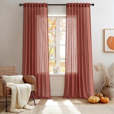 Imagem de Cortinas de linho terracota 274 cm de comprimento, conjunto de 2 painéis para sala de estar, filtro de luz, semitransparente, linho, texturizado, extralongo, cortinas de janela do teto ao chão, para