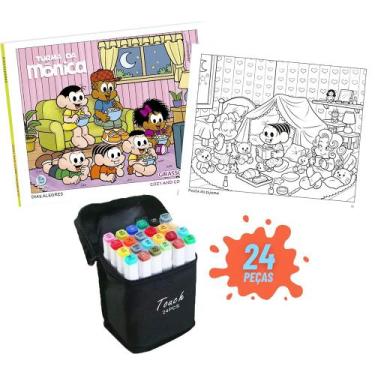 Imagem de Livro de Colorir Turma da Mônica + Bolsa com 24 Canetinhas Ponta Dupla