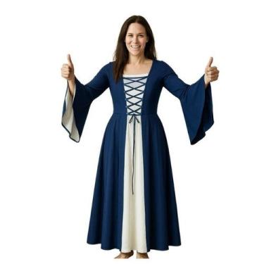 Imagem de Vestido medieval tecido leve azul marinho e branco - Princesa Urbana, 