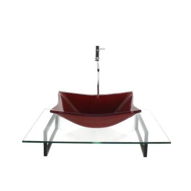 Imagem de Kit Cuba Vidro Retangular Vermelho Cereja Tampo 60Cm Incolor