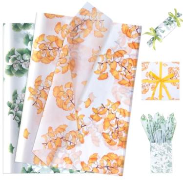 Imagem de Larcenciel 60 folhas de papel de seda de folhas de ginkgo, papel de seda botânico elegante estilo aquarela para sacos de presente, embalagem de arte verde laranja para outono, casamento, aniversário
