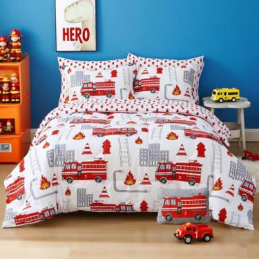 Imagem de Mooreeke Jogo de cama infantil de microfibra macia para meninos, 8 peças, caminhão de bombeiros, branco em uma bolsa com edredom, lençol e travesseiro decorativo para todas as estações