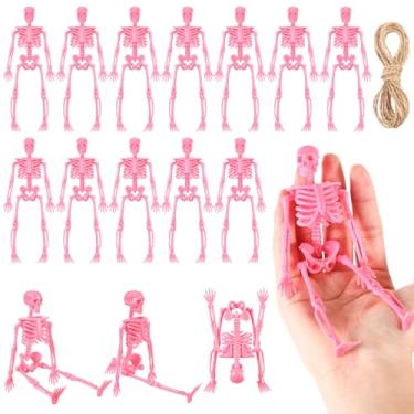 Imagem de Jetec Decoração de Halloween Mini Esqueleto Rosa com Corda de Juta 15 cm Pequenos Esqueletos Decorações de Esqueleto de Plástico para Acessórios de Artesanato Lembranças de Festa (12 peças)
