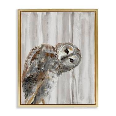 Imagem de Stupell Industries Design de arte de parede em tela flutuante com moldura dourada de Olhar de coruja espiando por Patti Mann, 53 x 43 cm