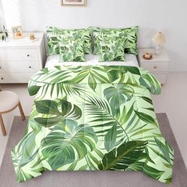 Imagem de jejeloiu Conjunto de edredom Queen com folha de palmeira verde, 7 peças, estampa de folhas tropicais, verão, ramos de árvore, tema da natureza, para decoração de quarto