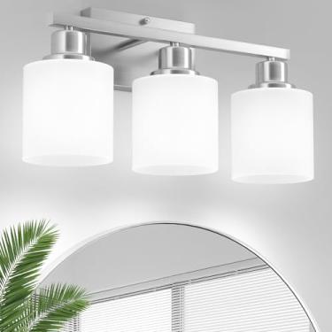 Imagem de Dekang Luminária de banheiro sobre espelho de níquel escovado, à prova de ferrugem 3 luzes para banheiro 45 cm, arandela de parede base E26, persianas de vidro branco leitoso, lâmpadas não incluídas