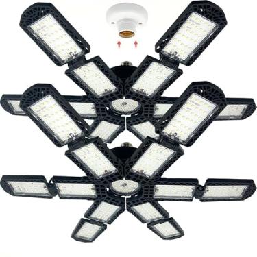 Imagem de PINSAI 2 pacotes de luz LED para garagem, parafuso super brilhante em lâmpada de trabalho de oficina de teto E26/E27, luminária de 280W 30.000 lúmens deformável com 12+1 painéis ajustáveis, iluminação