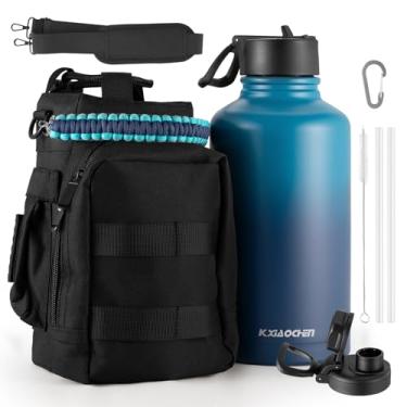 Imagem de KXIAOCHEN Garrafa de água de 1,8 l com manga, garrafa de água de aço inoxidável com bolsa de transporte, 2 tampas (canudo e tampa), garrafas de água de metal de boca larga mantêm quentes e frias