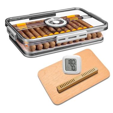 Imagem de demcigar Umidor de charuto, caixa de umidificador transparente com umidificador e higrômetro, caixa de umidificador de charuto de mesa com lascas de madeira de cedro, caixa de charutos, presentes de