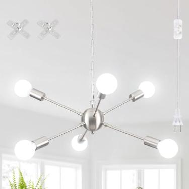 Imagem de Lustre com plugue de lâmpada suspensa 6 luzes penduradas com cabo de plugue de 5 m e interruptor liga/desliga níquel escovado plugue pingente luminária de teto para sala de jantar e sala de estar