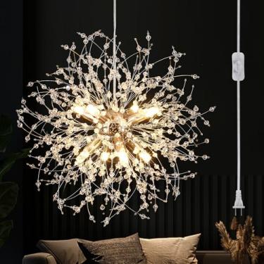 Imagem de JZQWCK Luminárias pendentes de plugue, lustres de fogo de artifício de cristal modernos dourados de 8 luzes, luzes suspensas com cabo de plugue 5,2 m e interruptor, candelabros starburst de dente de
