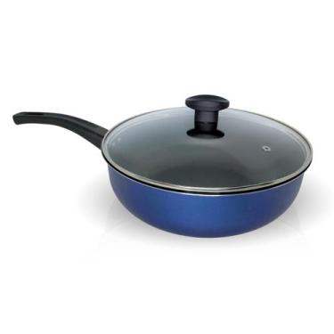 Imagem de Frigideira wok alta funda antiaderente n 26 azul com tampa de vidro - 