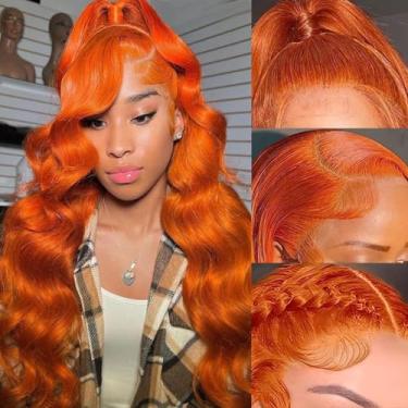 Imagem de Perucas de cabelo humano com tela frontal de gengibre pré-arrancadas com cabelo de bebê, 13x6 HD gengibre ondulado corpo ondulado perucas de cabelo humano, 180% densidade colorida sem cola peruca