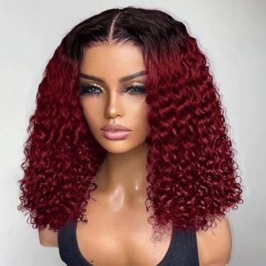 Imagem de HIRIREMY Ombre 99J Borgonha BOB Lace Front Wigs Cabelo Humano Para Mulheres Negras Use And Go Sem Cola Vinho 13x4 HD Curto Onda Profunda Curto Peruca BOB Cabelo Humano Pré-Arrancado 1B/99J 16