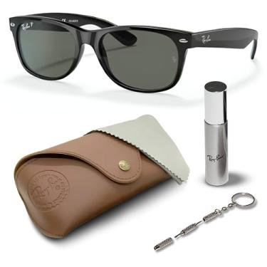 Imagem de Ray-Ban Óculos de sol RB2132 NEW WAYFARER CLASSIC em formato quadrado para homens e mulheres com kit oficial de óculos RAYBAN, Armação preta polida | Lente verde G-15 polarizada, 58 mm