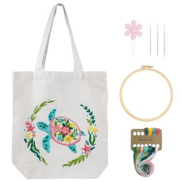 Imagem de Nuberlic Bolsa de lona kit de bordado para iniciantes e adultos - Kits de ponto de agulha com padrão de tartarugas marinhas bolsa de compras reutilizável ecológica