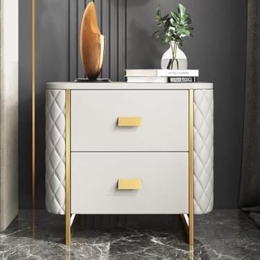Imagem de Mesa De Cabeceira Branca, Armário De Cabeceira De Mármore, Armários De Cabeceira Com 2 Gavetas, Móveis De Quarto Minimalistas Modernos, Prateleiras De Armazenamento Abertas De M, White