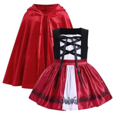 Imagem de FYMNSI Fantasia de chapeuzinho vermelho para bebês meninas, vestido para cosplay de Halloween, vestido sem mangas, saia de cetim com babados e capa de veludo vermelho, roupas de conto de fadas, para