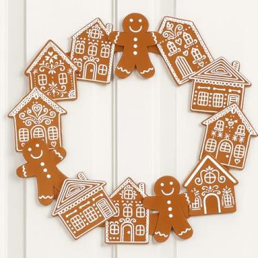 Imagem de MorningRo Guirlanda de metal para decoração de Natal de pão de gengibre para porta da frente, guirlandas de casa de homem, decoração de metal, vintage, rústico, placa de boas-vindas de Natal para