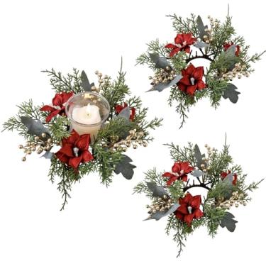 Imagem de 2 peças de anéis de vela de Natal, grinaldas, flores artificiais, bagas douradas, decorações de guirlanda de pinheiro, decorações de guirlanda para mesas de centro de mesa, decoração de casa de