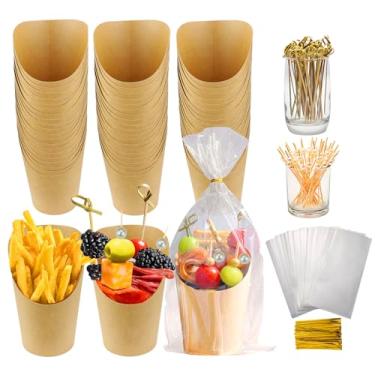 Imagem de Bntyok 60 conjuntos de copos de charcutaria com palitos de 400 ml porta-batatas fritas descartáveis vêm com 60 sacos transparentes portáteis, 200 palitos de coquetel, 60 etiquetas, copos de aperitivo