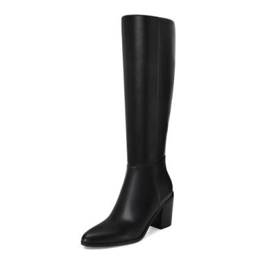 Imagem de SOVANYOU Botas de cano alto femininas de couro, salto grosso, bico fino, zíper lateral, confortável, outono e inverno, Preto, 37