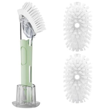 Imagem de Conjunto de armazenamento de escova de prato de substituição para dispensação de sabão com 2 refis de escova e suporte - Dispensador RIMAY para limpeza de esfrega, esfregão de cozinha, cabo de varinha