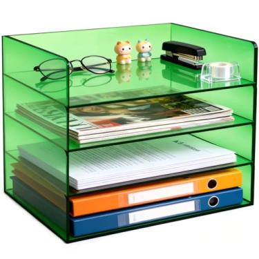 Imagem de Organizador de arquivos de acrílico para mesa, bandeja empilhável de 4 camadas, armazenamento de papel de escritório, classificador de documentos, verde esmeralda