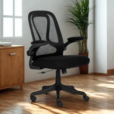 Imagem de Cadeira de Escritório com Encosto em Malha e Apoio de Braços Rebatíveis Preta Duoffice DU308 Koda