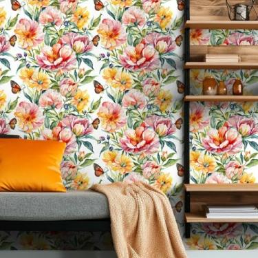 Imagem de ESSMOKO Papel de parede 2 rolos de flor borboleta begônia PVC autoadesivo fundo neoclássico papel de parede para quarto e sala de estar flor mar 45 * 500 cm*2 rolos