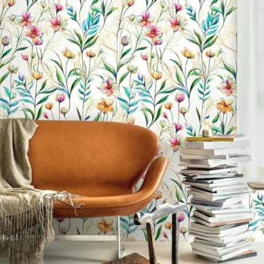 Imagem de ESSMOKO Papel de parede arco-íris série floral PVC impermeável papel de parede autoadesivo para quarto, sala de estar, hotel adesivo A 45 * 300 cm