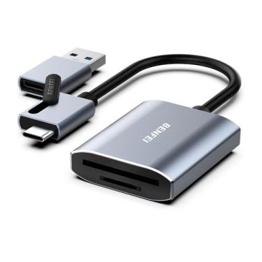 Imagem de leitor de cartões USB-C e USB-A para SD e MicroSD, adaptador plug and play para PC, MacBook e Android, transferência rápida USB 3.0, corpo em alumínio, compacto e portátil