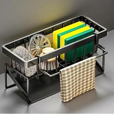 Imagem de Organizador de metal para pia de cozinha, preto, suporte de esponja resistente com haste de gancho de pano de prato, cesta de armazenamento de bancada para suprimentos de limpeza