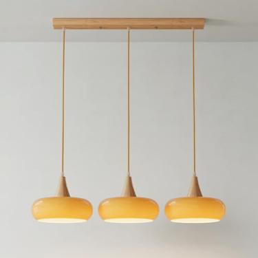 Imagem de Luminária pendente de teto de madeira com 3 luzes, iluminação pendente de ilha de vidro, lustre de madeira E27, lâmpadas de suspensão para mesa de jantar, restaurante e café