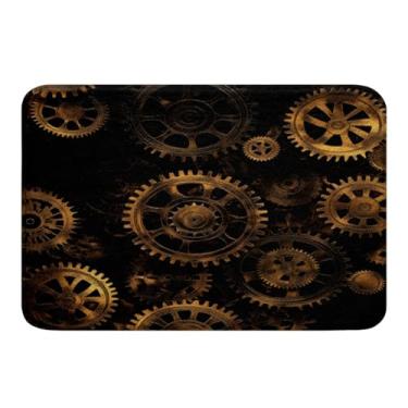 Imagem de Erosebridal Tapete de banheiro estilo Steampunk dourado Ndu, tapetes de banheiro com tema de relógios antiderrapantes, tapetes de banheiro para meninos e homens, tapete de porta para dispositivo mecânico, tapete preto absorvente de água 50,8 cm x 81,2 cm