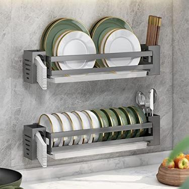 Imagem de AKALNNB Escorredor de louça suspenso, suporte de tigela de parede de 2 níveis, suporte de tigela de aço inoxidável montado na parede com bandeja de drenagem (cinza) (cinza), cinza
