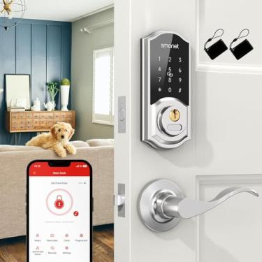 Imagem de Conjunto de fechadura de porta frontal com alça, fechadura de teclado inteligente com trava automática, fechadura eletrônica digital Bluetooth com códigos, aplicativo, chaveiro para escritório, prata