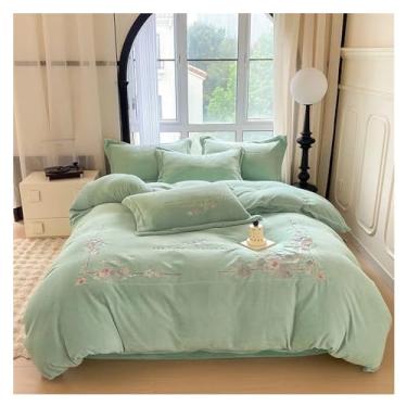 Imagem de Conjunto de capa de edredom macio e quente de inverno, conjunto de capa de edredom de 4 peças com bordado, ultramacio, quente e durável (lençol de cama com ajuste verde_KING)