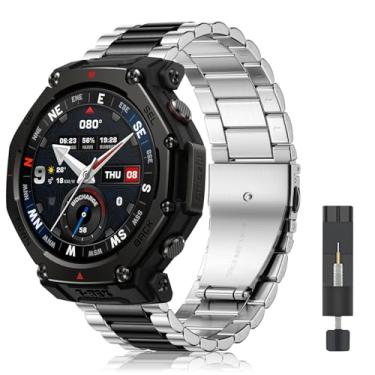 Imagem de CeiLarv Pulseira de relógio de metal para Amazfit T-Rex 3 Pro de 48 mm, pulseira de substituição de aço inoxidável lindamente polido para Amazfit T-Rex 3 Pro de 48 mm - prata e preta
