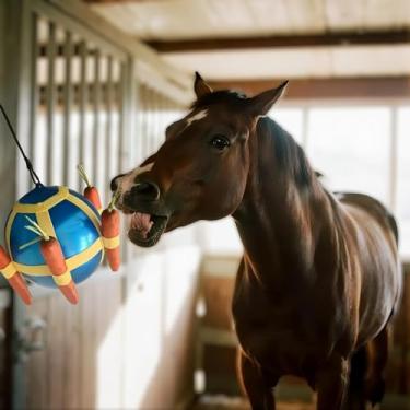 Imagem de DayoVortex Bola de petisco de cavalo – brinquedo de enriquecimento de cenoura azul e verde para acalmar e brincar, evita o tédio para alimentador de quebra-cabeça de cavalo - bola alegre (azul)