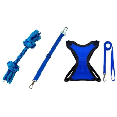 Imagem de Kit coleira peitoral colete cinto de segurança pet osso mordedor limpeza bucal cães e gatos(Azul,P)