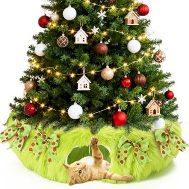 Imagem de Soulchen Túnel de pelúcia verde de Natal para gatos com cama para gatos internos, sob a árvore de Natal, caverna Peekaboo, grande, túnel de donut com tapete macio e laço, 3 em 1 para gatos e filhotes