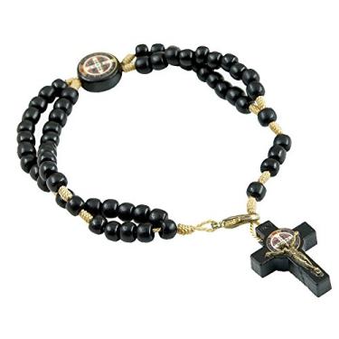Imagem de Catholica Shop Pulseira de rosário com contas de oração com cordão devocional com medalha de São Bento e crucifixo. Feito no Brasil, Large, Madeira, Sem Pedra Preciosa