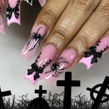 Imagem de Kit de unhas de pressão médio longo quadrado Halloween rosa francês cola falsa conjunto de unhas com design de arco de aranhas pretas 3D cobertura completa bastão falso artificial em unha de acrílico