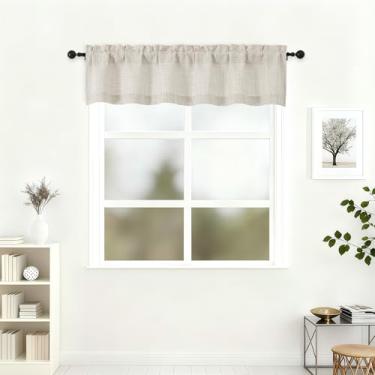 Imagem de Lecloud Saia natural para janela de 30 cm de comprimento, cortinas de cozinha macias texturizadas de linho sintético com filtragem leve, cortinas curtas arejadas com bolsos de haste para banheiro