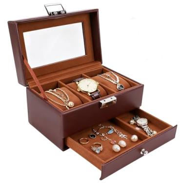 Imagem de Luqeeg Estojo para 3 Relógios Dupla Camada Couro PU Organizador para Relógios com Tampa Transparente À Prova de Poeira Caixa de Joias Presente para Pessoas Queridas Colares Broches