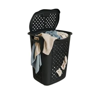 Imagem de Cesto Roupa, 45Litros Plástico Reforçado Rattan, Lavanderia E Banheiro Alça Resistente Marmorizado(PRETO BLACK)
